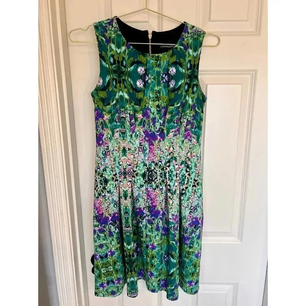 Cynthia‎ Rowley green liberty floral scoop neck sleavless fit and flair dress 6